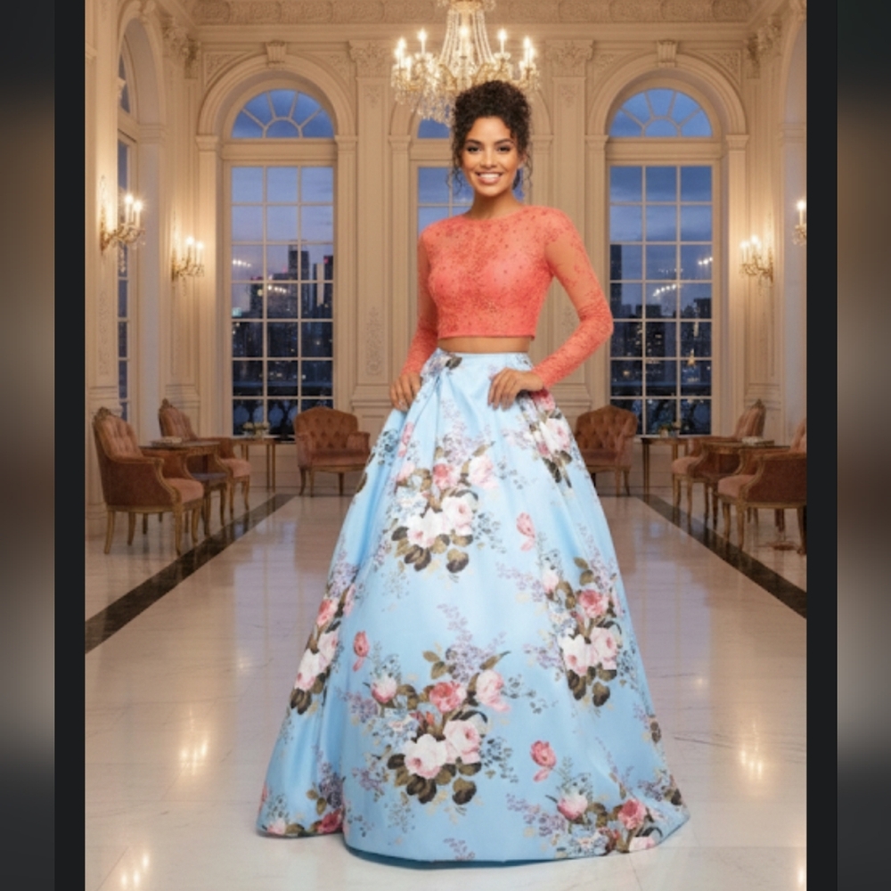 Rare Floral 2pc Sherri Hill Coral Fabric 52717
